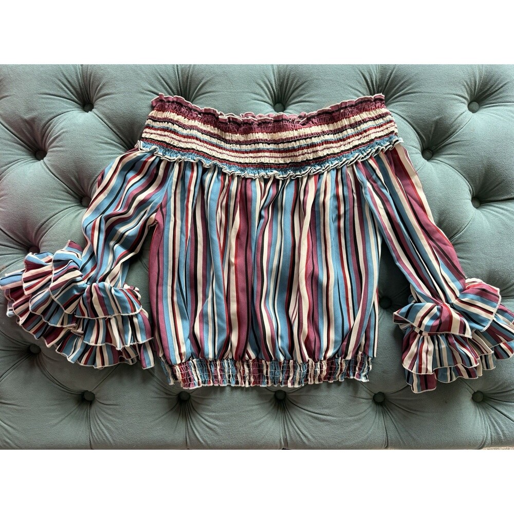 Active USA Striped Smocked Peasant Top Puff Ruffle Sleeve Off Shoulder Large